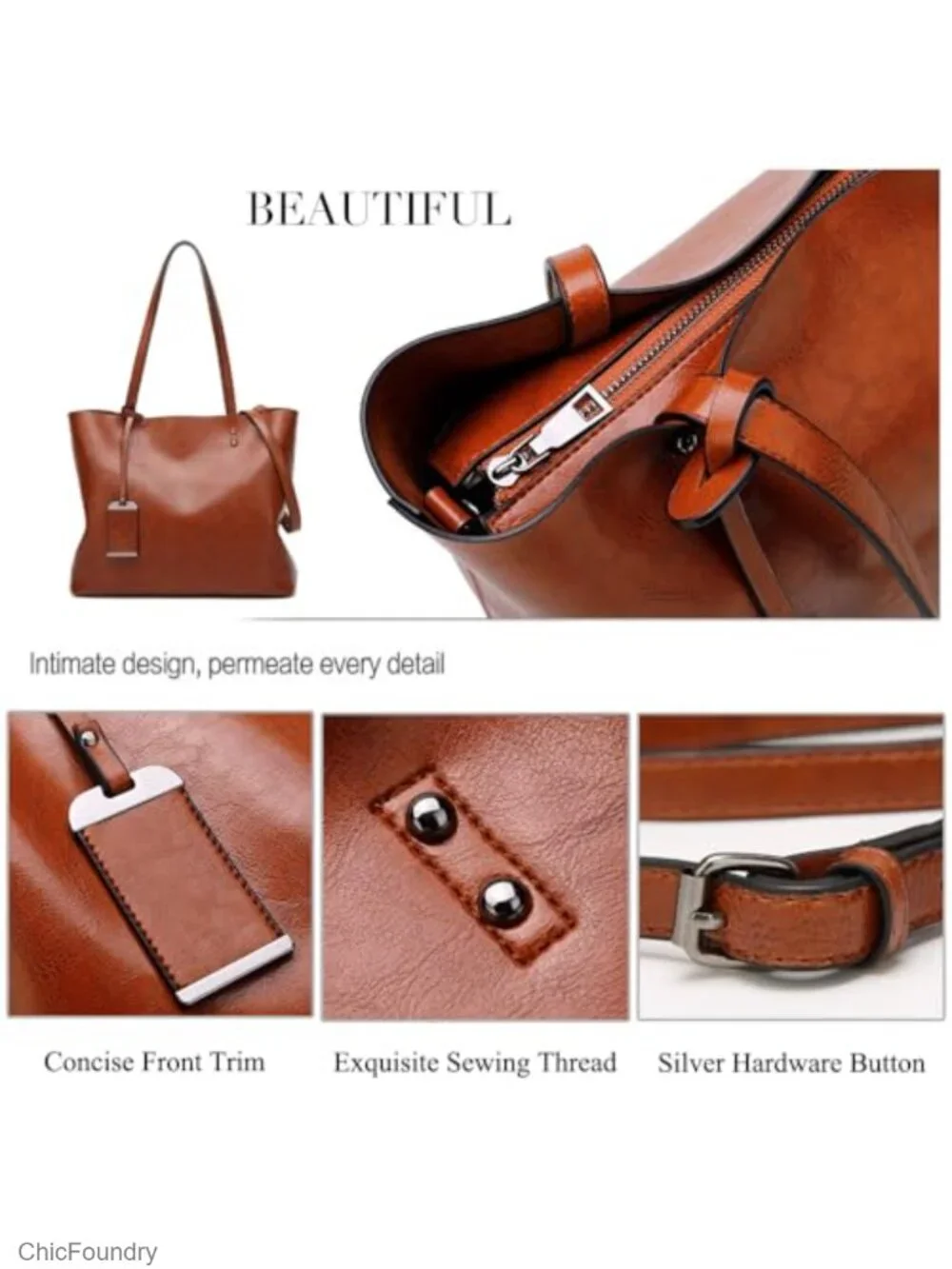 Vegan Leather Tote Satchel Handbag w/ Removable Shoulder Strap, 2 Compartments,